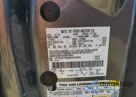 2010 Ford F150 Supercrew z USA, uszkodzony, nr VIN 1FTEW1E80AFD02699